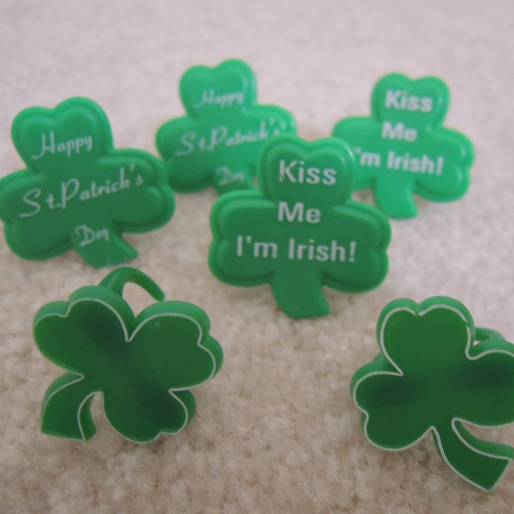Cupcake Toppers 6 Shamrock Rings St Patricks Day Holiday Cake Top Decor